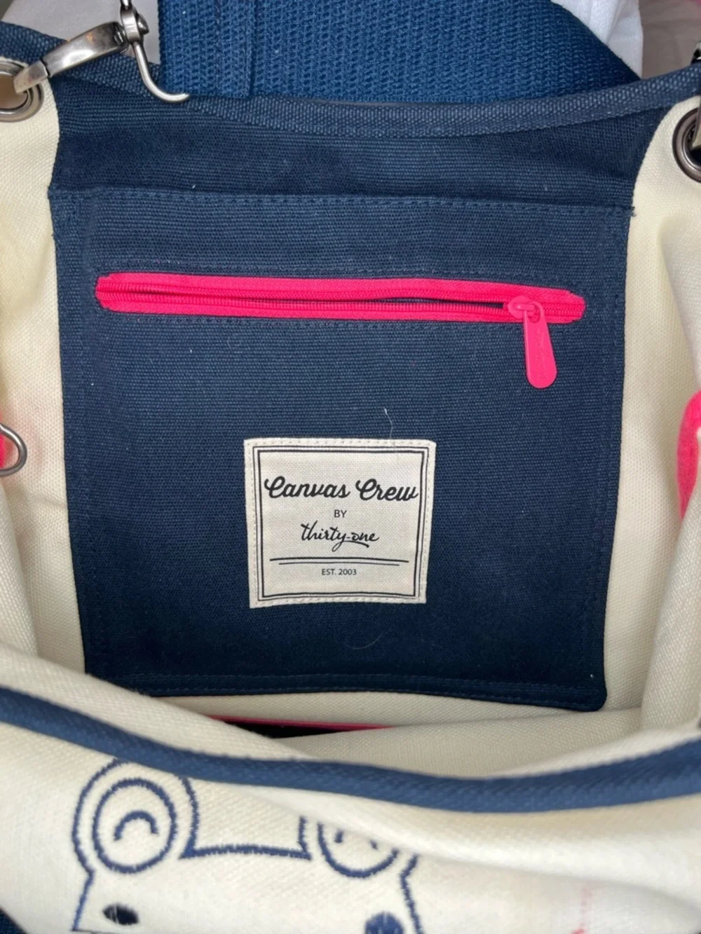 Canvas Crew Tote Bag by Thirty One Navy Cream Large Embroidered Frog